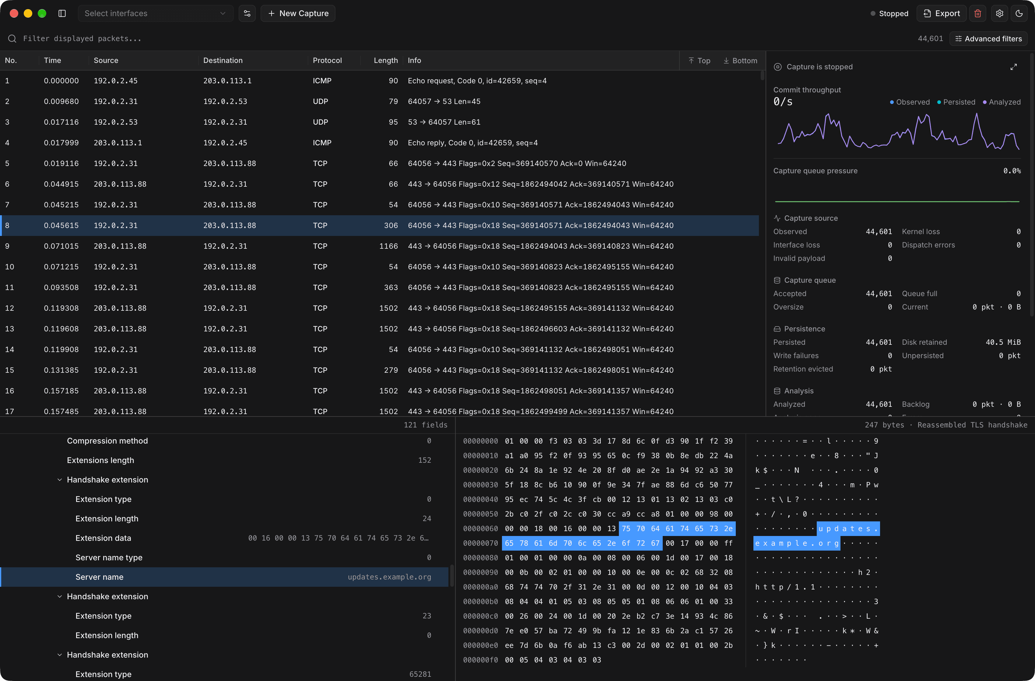Pruftnet desktop app on macOS showing a capture