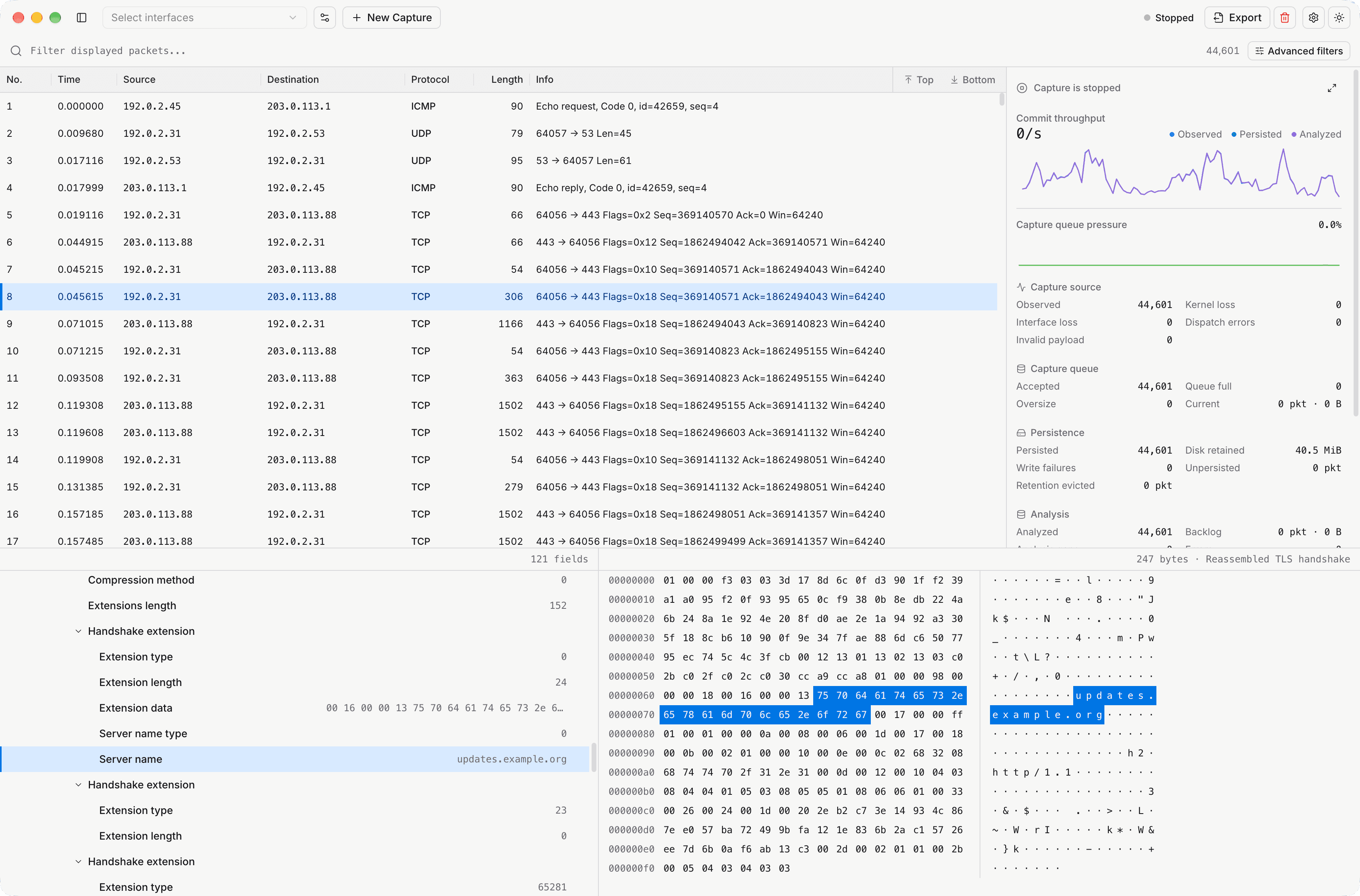 Pruftnet desktop app on macOS showing a capture