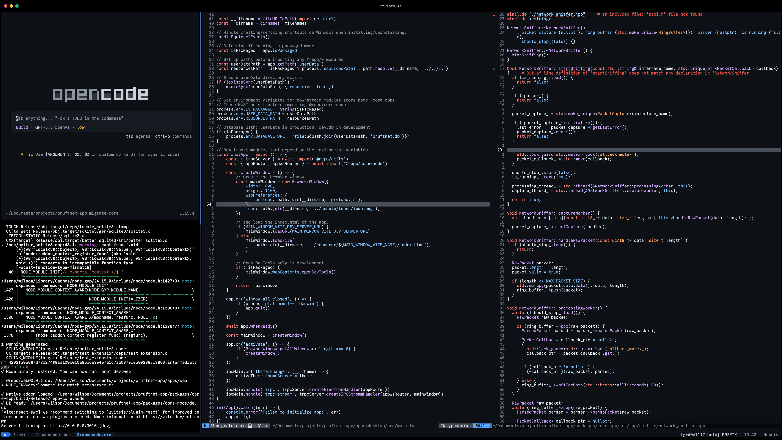 Terminal with tmux panes side by side: OpenCode and build output on the left, TypeScript and C++ files in Neovim on the right