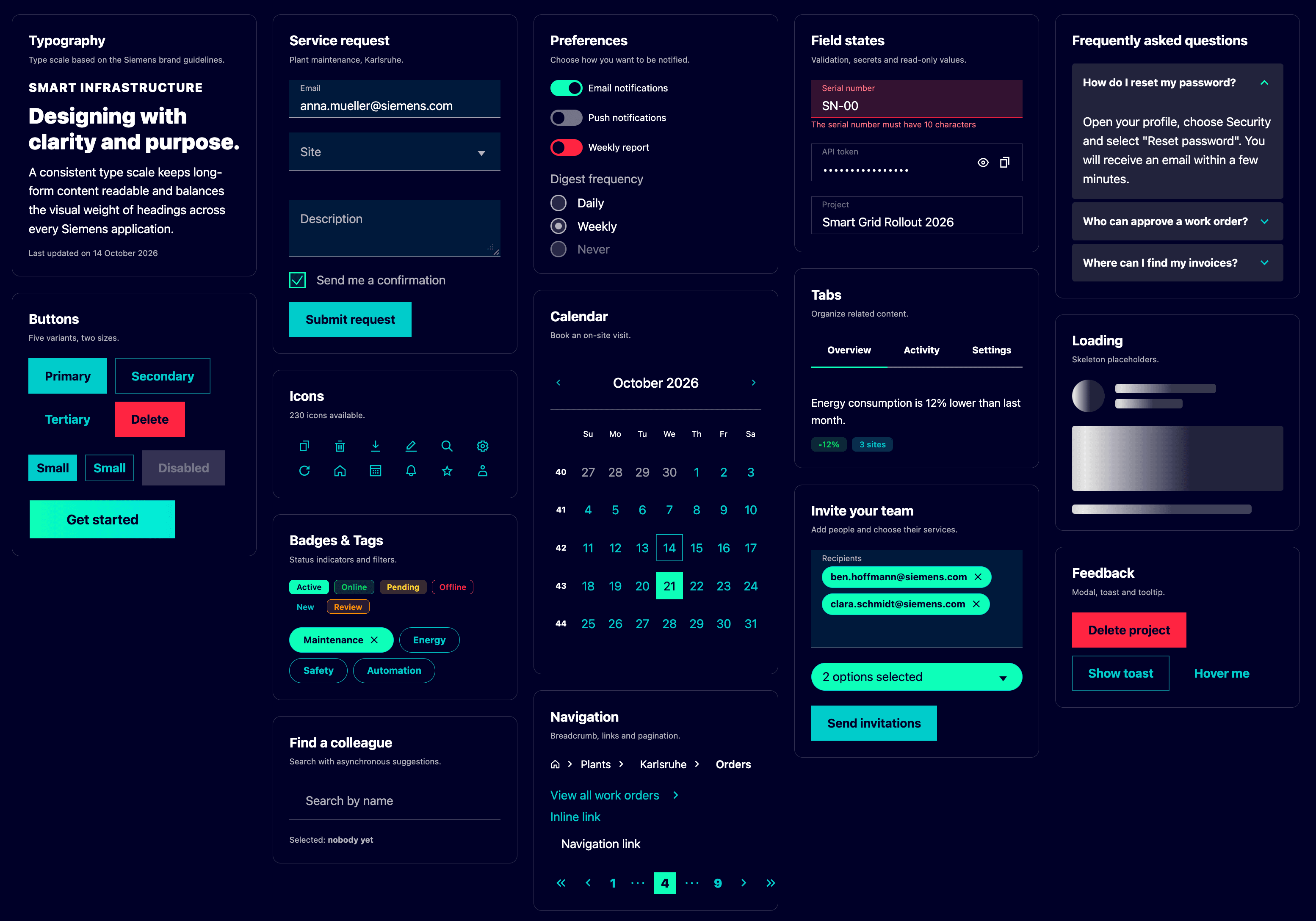 Components from the Siemens React UI library: typography, buttons, form fields, toggles, calendar, tabs, tags and feedback