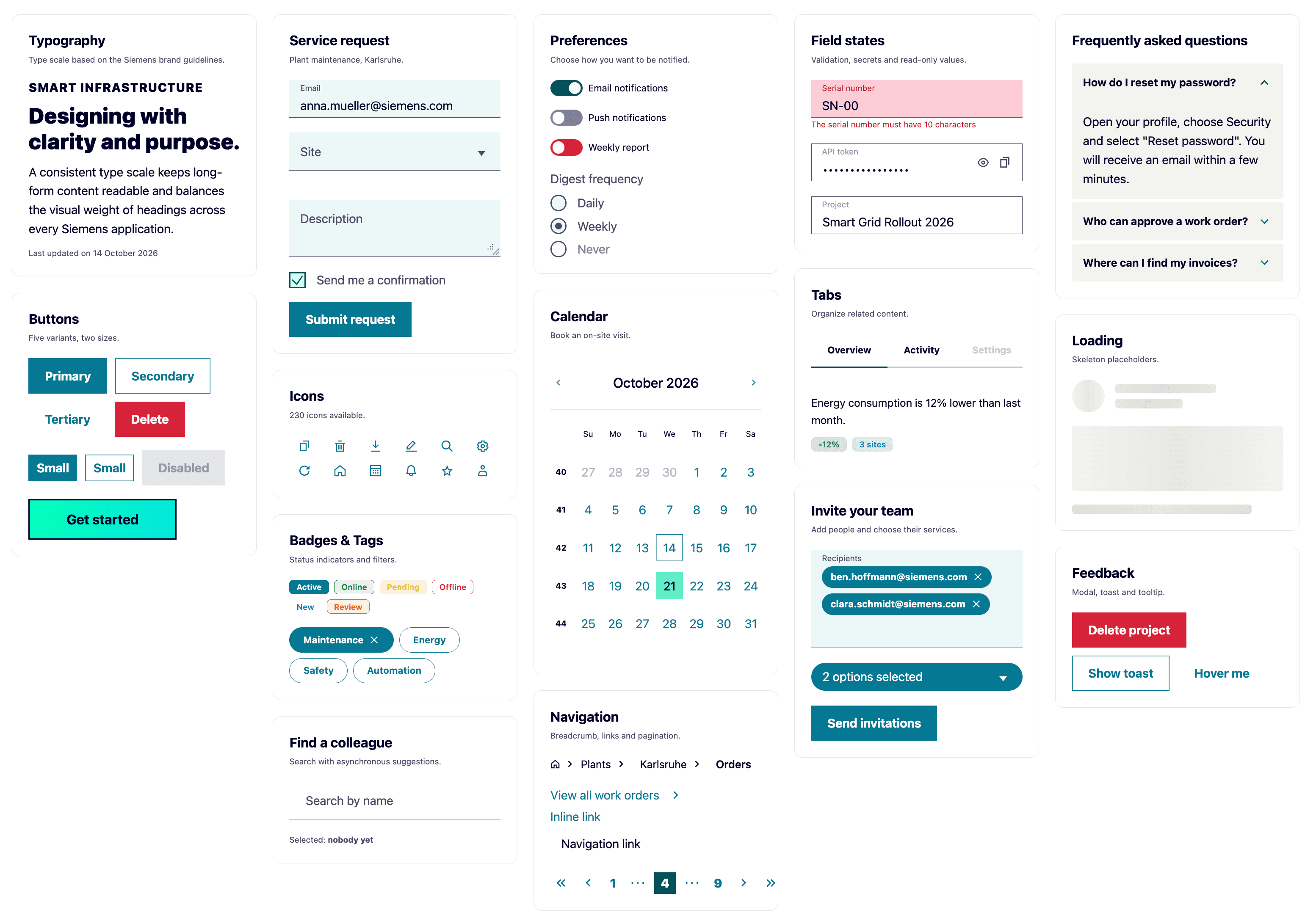 Components from the Siemens React UI library: typography, buttons, form fields, toggles, calendar, tabs, tags and feedback